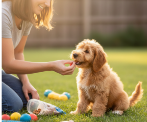 A happy small dog being rewarded with a treat by its owner outside, reinforcing good behavior.