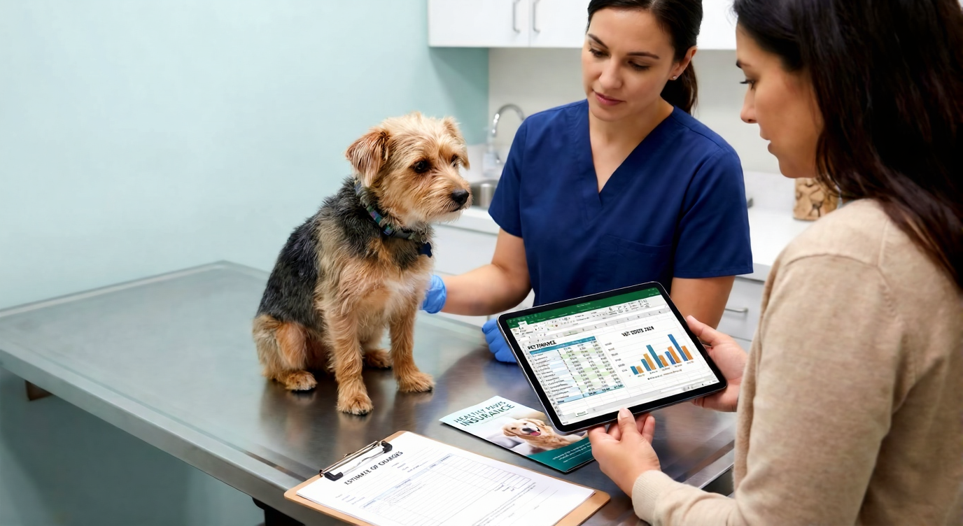 A small dog, perhaps a Chihuahua or Pomeranian, on a vet's examination table with a stethoscope, representing the economics of veterinary care and pet finance for small breeds.