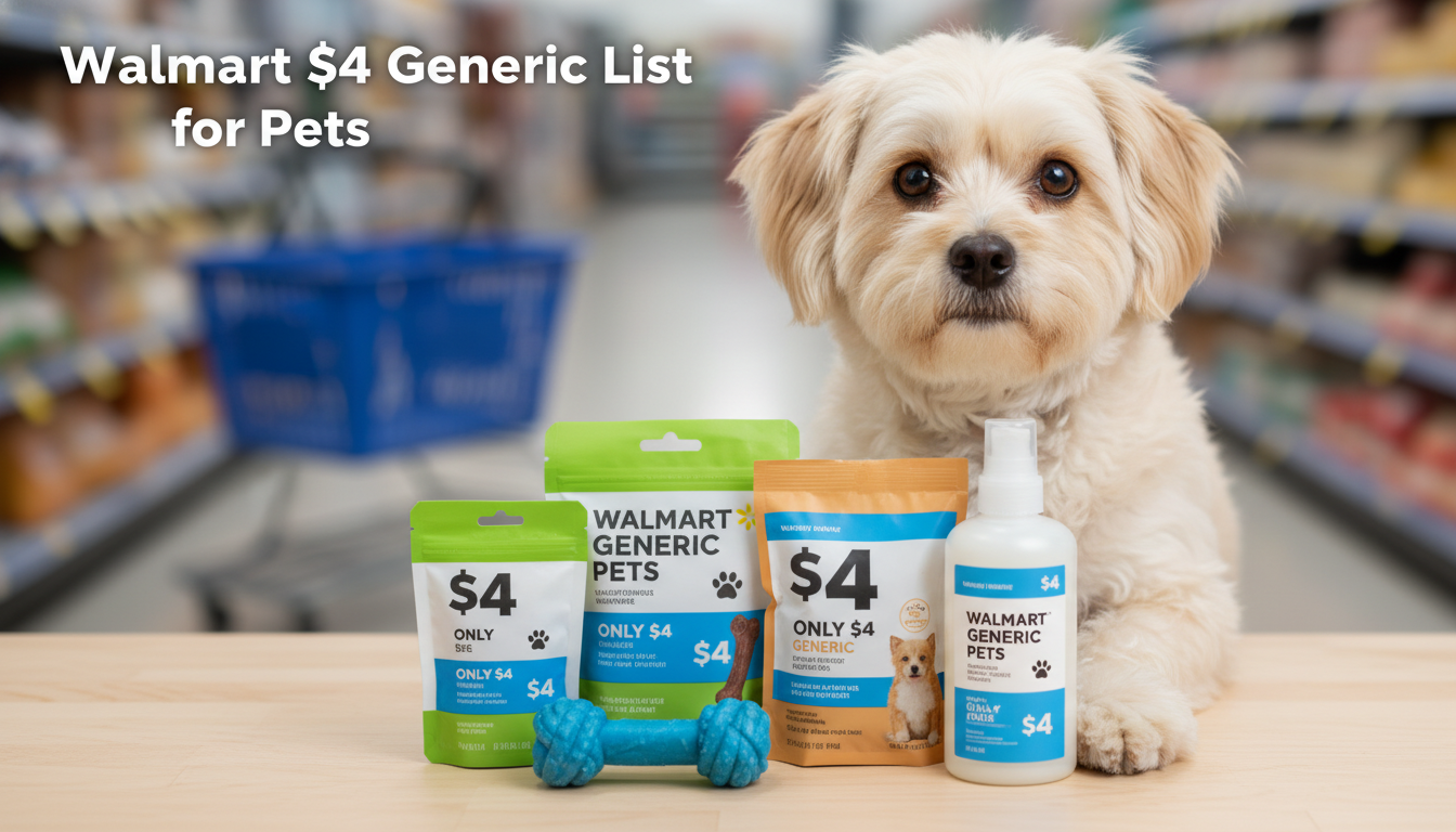 A cute small dog sitting next to various generic pet medications, representing cost savings from Walmart Pet Pharmacy for common small dog health issues.