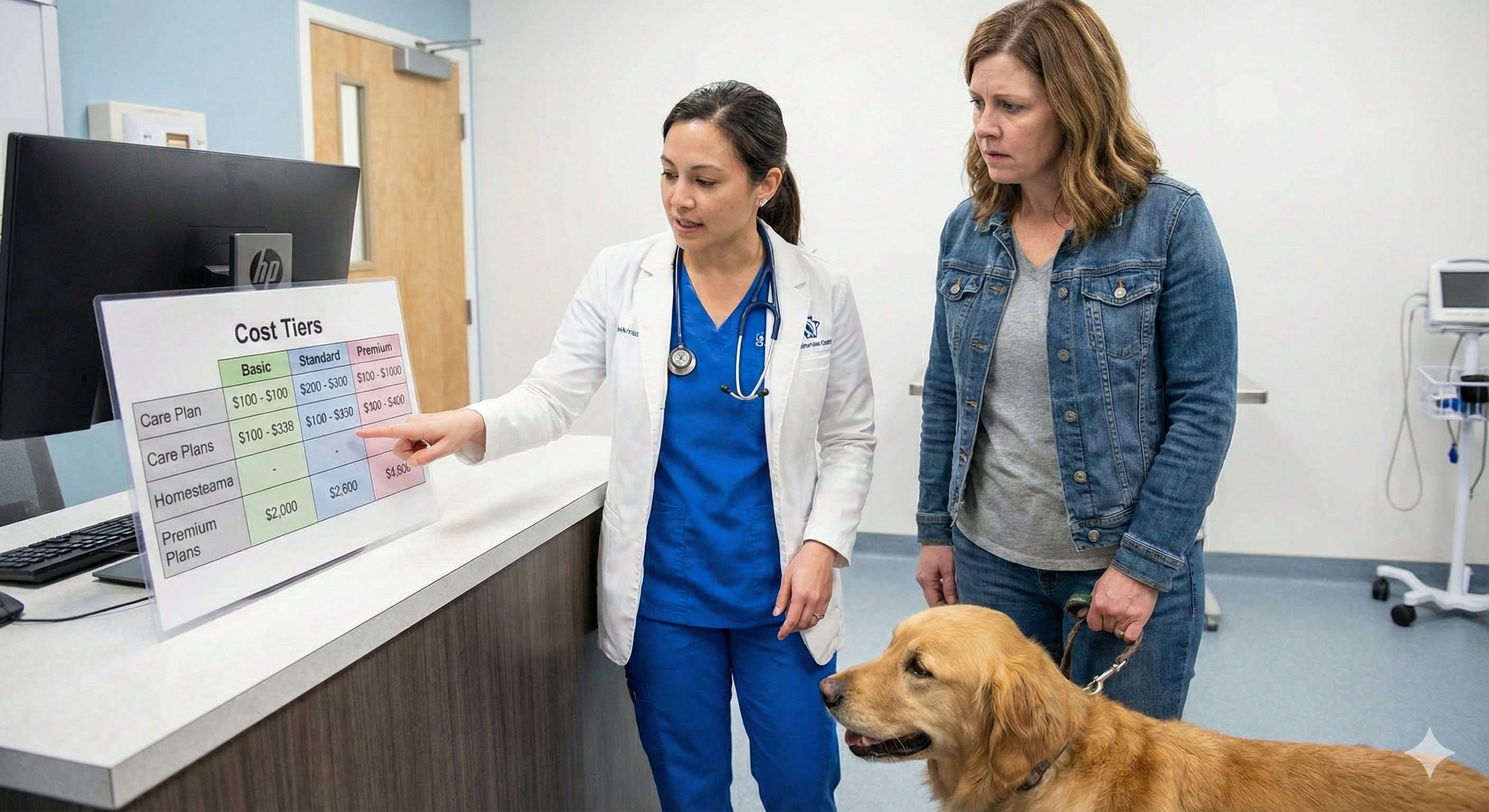 Veterinarian explaining tiered care options