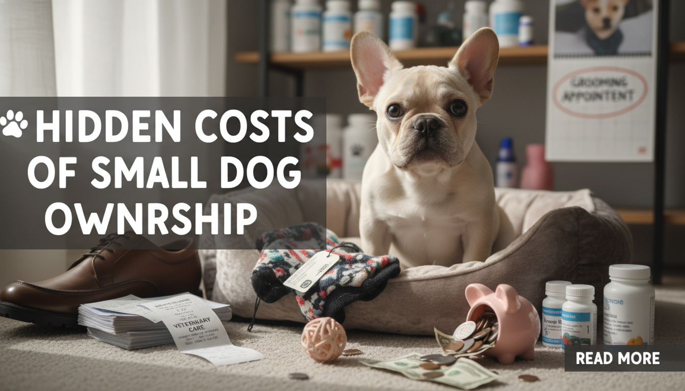 Small dog, possibly a Chihuahua or Terrier mix, surrounded by symbolic money and vet bills, representing the hidden costs of small dog ownership.