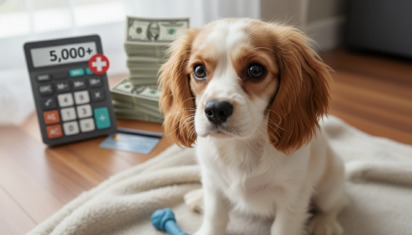A small dog, such as a Chihuahua or Pomeranian, looking concerned or sitting near a pile of veterinary bills, illustrating rising pet care costs in 2025.