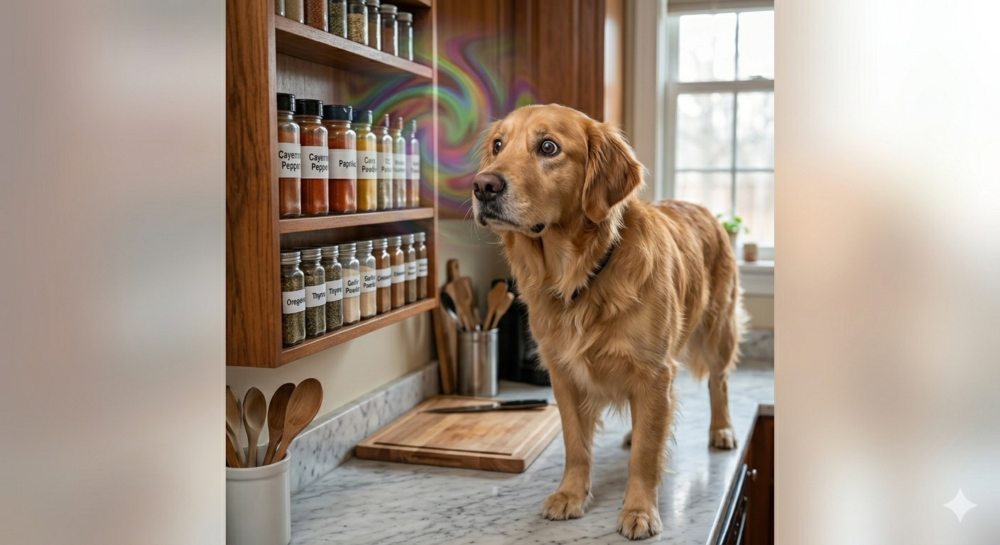 A Golden Retriever stands in a kitchen, staring with wide, bewildered eyes at a wall-mounted wooden spice rack surrounded by swirling, colorful hallucinatory light patterns. Labels on jars for 'Paprika', 'Curry Powder', and 'Cayenne Pepper' are visible.